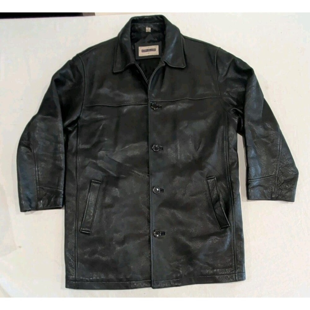 East Island Black Leather Button Up Coat Lined Pockets Point Collar Mens Small